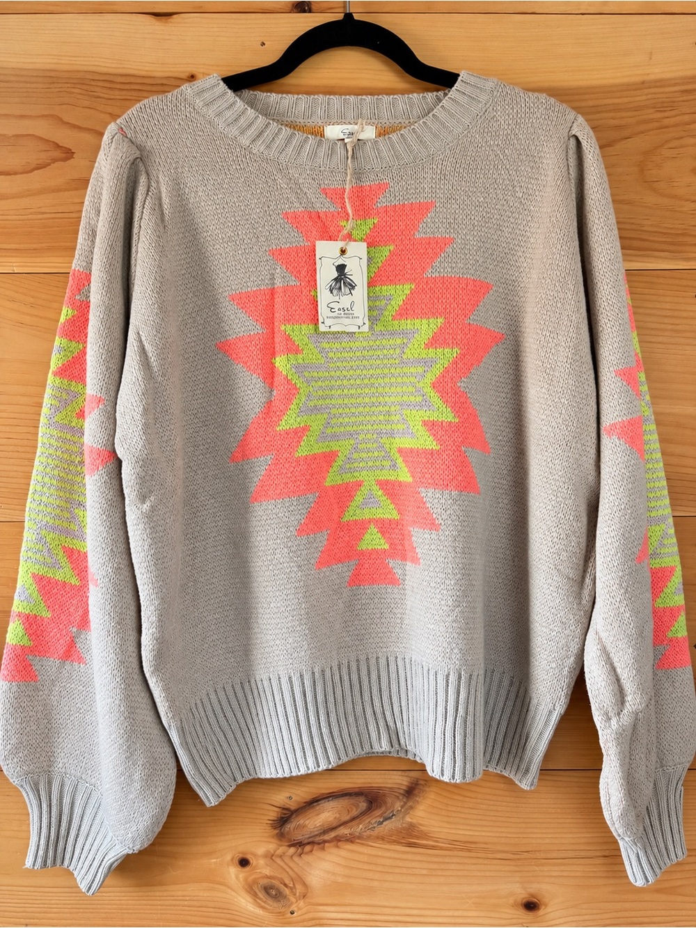 Easel Southwestern Geometric Knit Sweater Taupe Coral Lime Size Large - Picture 2 of 4